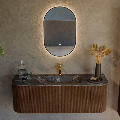MONDIAZ KURVE-DLUX 130cm badmeubel met module 25 Len R kleur Walnut met 1 lade en 2 deuren. Wastafel BIG SMALL midden 1 kraangat kleur Lava.
