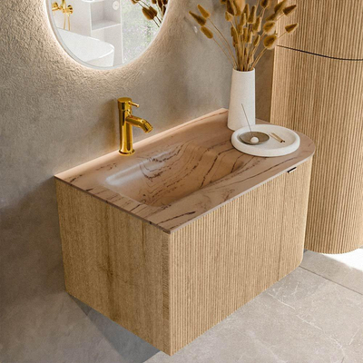 MONDIAZ KURVE-DLUX 75cm badmeubel ronding Rechts kleur Oak met 1 lade en 1 deur. Wastafel GRUNNE Links 1 kraangat Arena.