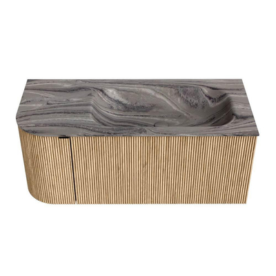MONDIAZ KURVE-DLUX Meuble de salle de bains 105cm arrondi à gauche couleur Oak avec 1 tiroir et 1 porte. Lavabo BIG SMALL à droite 1 trou de robinet Sombra.