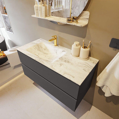 Mondiaz VICA-DLUX ensemble de meuble de salle de bain - 100cm - meuble sous-vasque gris foncé - 2 tiroirs - lavabo encastré cloud gauche - 1 trou de robinet - miroir modèle spot - version XL 60cm de haut - glace