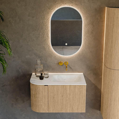 MONDIAZ KURVE-DLUX meuble de salle de bains 75 cm avec module 25 L couleur Oak avec 1 tiroir et 1 porte. Lavabo GRUNNE à droite sans trou de robinetterie couleur Opalo.
