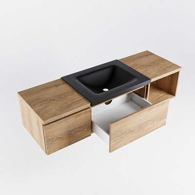MONDIAZ BUKLA meuble de salle de bain 140 cm avec module ouvert 40 à droite couleur Chêne blanchi avec 2 tiroirs. Lavabo CLOUD centre 0 trous de robinet couleur Urbain.