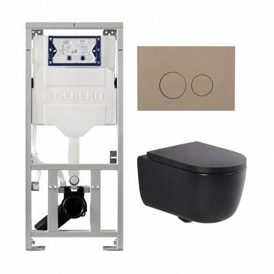 QeramiQ Dely Swirl Ensemble WC - 36.3x51.7cm - réservoir encastré Geberit UP320 - avec cadre Burda - abattant slim - plaque de commande taupe - boutons ronds - noir mat