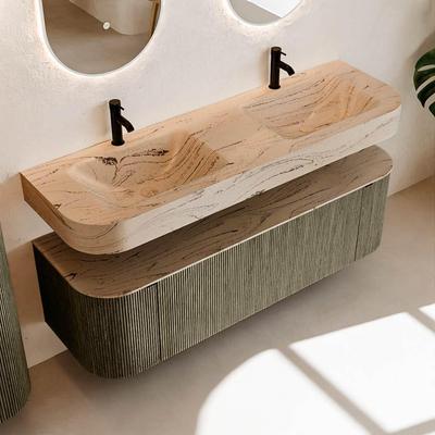 MONDIAZ THOR-DLUX 150cm meuble de salle de bains arrondi gauche + droite couleur Shadow avec 1 tiroir et 2 portes. Vasque suspendue CLOUD Double 2 trous de robinet couleur Arena.