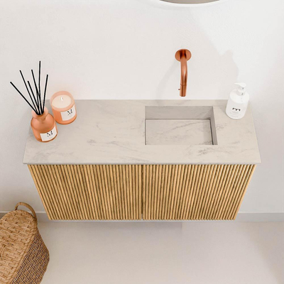 Mondiaz JOYA-DLUX 70cm toiletmeubel - kleur Oak - Wastafel FAYE positie Rechts Zonder kraangat kleur Opalo.