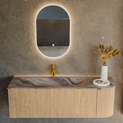 MONDIAZ KURVE-DLUX Meuble de salle de bains 135cm arrondi à droite couleur Oak avec 1 tiroir et 1 porte. Lavabo BIG MEDIUM à gauche 1 trou de robinet Sombra.