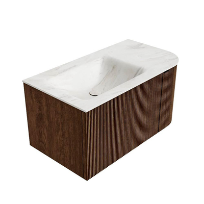 MONDIAZ KURVE-DLUX 85cm badmeubel met module 25 R kleur Walnut met 1 lade en 1 deur. Wastafel CLOUD links zonder kraangat kleur Ostra.