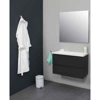 Basic Line Bella Ensemble meuble de salle de bains - 80x55x46cm - 1 lavabo - Acrylique - Blanc - 0 trou de robinet - Miroir mural sans éclairage - Mélamine anthracite mat