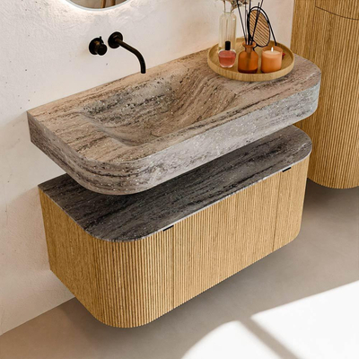 MONDIAZ THOR-DLUX 100cm badmeubel ronding links + rechts kleur Oak met 1 lade en 2 deuren. Vrijhangende wastafel CLOUD Links zonder kraangat kleur Oza.