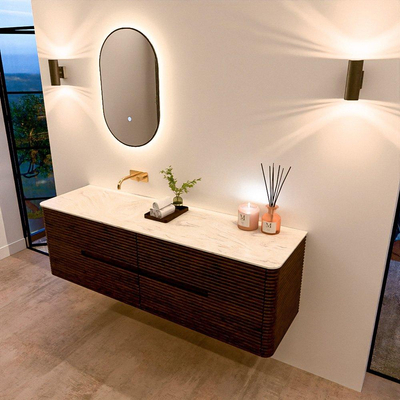 Mondiaz CIRO-DLUX Meuble de salle de bains - 160x45x50cm - vasque solid surface Ostra - 1 lavabo à gauche - sans trous de robinet - 4 tiroirs - Noyer