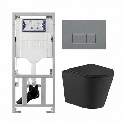 QeramiQ Dely Pack WC suspendu - 36.3x51.7cm - rimless - bâti-support Geberit UP320 - softclose abattant - plaque de commande gris clair - boutons rectangulaires - noir mat