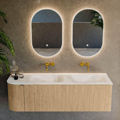 MONDIAZ KURVE-DLUX Meuble de salle de bains 145 cm avec module 25 L couleur Oak avec 1 tiroir et 1 porte. Lavabo LEAF double / à droite sans trou de robinet couleur Frappe.