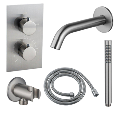 FugaFlow Eccelente Ensemble robinet de baignoire Acces - bec - 22cm raccourcissable - flexible métallique - douchette à main - corps encastré - support mural - inox brossé PVD
