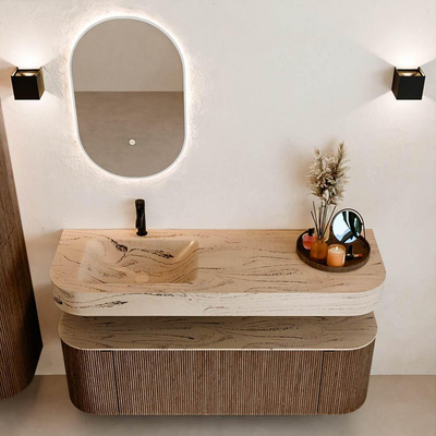 MONDIAZ THOR-DLUX 140cm meuble de salle de bains arrondi gauche + droite couleur Walnut avec 1 tiroir et 2 portes. Vasque suspendue CLOUD gauche 1 trou de robinet couleur Arena.