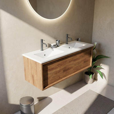 Saniclass Holz Frame Ensemble meuble de salle de bains - 120x45x42cm - Vygo lavabo en céramique blanc - 2 vasques - 2 trous de robinetterie - 1 tiroir - chêne natural mat (bois)