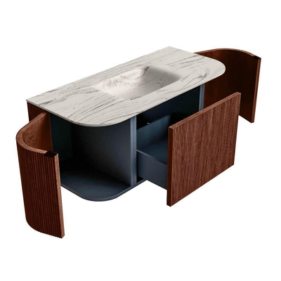 MONDIAZ KURVE-DLUX Meuble de salle de bains 100cm arrondi Gauche + Droite couleur Ruby avec 1 tiroir et 2 portes. Lavabo GRUNNE Central sans trou de robinet Nata.