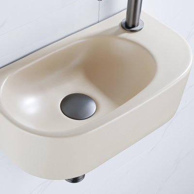 QeramiQ Fuente pack lave-mains – demi-rond – 40 x 21,5 x 12 cm – céramique beige – perçage à droite – robinet gunmetal