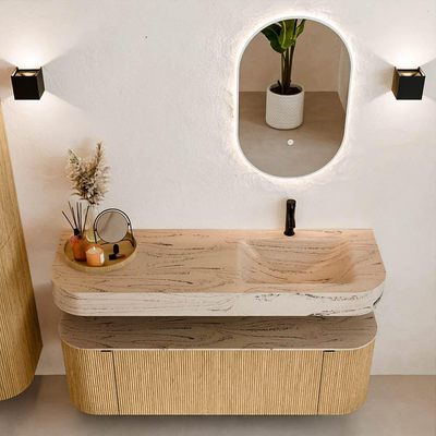 MONDIAZ THOR-DLUX 140cm badmeubel ronding links + rechts kleur Oak met 1 lade en 2 deuren. Vrijhangende wastafel CLOUD Rechts 1 kraangat kleur Arena.