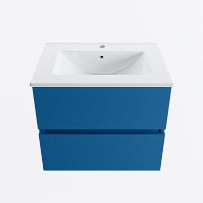 Mondiaz VICA Ensemble de meuble de salle de bain - 60cm - meuble sous-vasque jeans - 2 tiroirs - lavabo denia milieu - 1 trou de robinet - version haute de 60cm - blanc brillant