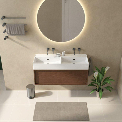 Saniclass Holz Frame Ensemble de meubles de salle de bains - 120x45x52cm - Legend lavabo en céramique blanc - 2 vasques - sans trous de robinetterie - 1 tiroir - mat walnut pure (bois)