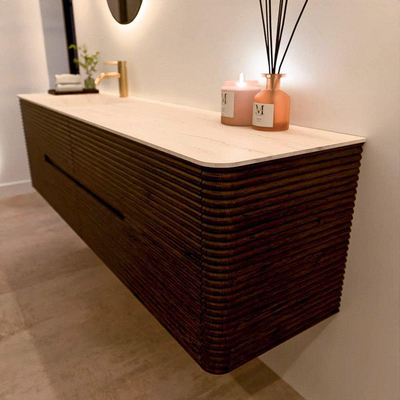 Mondiaz CIRO-DLUX Badkamermeubelset - 180x45x50cm - Solid surface wastafel Meli - 1 wasbak Links - 1 kraangat - 4 lades - Walnut