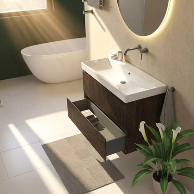 Saniclass Holz Atelier Ensemble de meubles de salle de bains - 100x45x67,5cm - lavabo Wave en céramique - 1 vasque - sans trou de robinetterie - 2 tiroirs - chêne charcoal mat (bois)