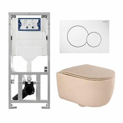QeramiQ Dely Swirl Toiletset - 36.5x53cm - Geberit UP320 inbouwreservoir - met Burda frame - slim zitting - witte sigma bedieningsplaat - ronde knoppen - mat beige