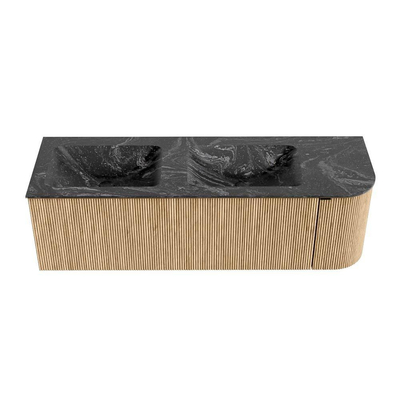 MONDIAZ KURVE-DLUX 145cm meuble de salle de bains avec module 25 R couleur Chêne avec 1 tiroir et 1 porte. Lavabo LEAF double / gauche sans trou de robinet couleur Lava.
