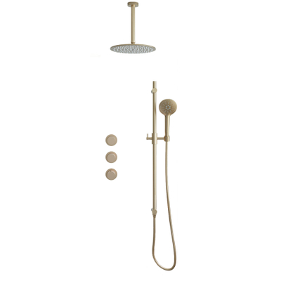 Fortifura Nebbio Regendoucheset - inbouwkraan - inbouwdeel - glijstang - doucheslang metaal - ronde handdouche - 20cm plafondarm - ronde hoofddouche - PVD - geborsteld messing (goud)