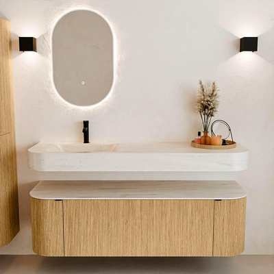 MONDIAZ THOR-DLUX 150cm meuble de salle de bains arrondi gauche + droite couleur Oak avec 1 tiroir et 2 portes. Vasque suspendue CLOUD gauche 1 trou de robinet couleur Meli.