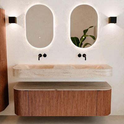 MONDIAZ THOR-DLUX 150cm meuble de salle de bains arrondi gauche + droite couleur Ruby avec 1 tiroir et 2 portes. Vasque suspendue CLOUD Double sans trou de robinet couleur Saba.