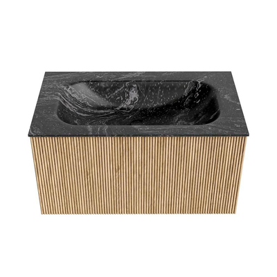 MONDIAZ KURVE-DLUX Meuble de salle de bains 80cm couleur Oak avec 1 tiroir. Lavabo BIG SMALL central sans trou de robinetterie couleur Lava.