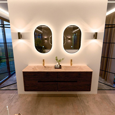 Mondiaz CIRO-DLUX Meuble de salle de bains complet - 160x45x50cm - Plan vasque Solid surface Arena - 2 vasques Double - 2 trous de robinetterie - 4 tiroirs - Noyer