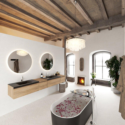 MONDIAZ BUKLA 240cm ensemble de meuble avec module 40 gauche couleur Chêne blanchi avec 4 tiroirs. Lavabo CLOUD double 2 trous de robinet couleur Urbain.