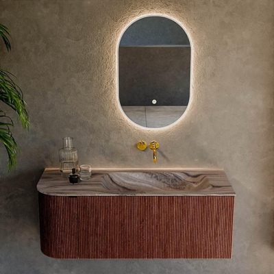 MONDIAZ KURVE-DLUX 115cm badmeubel ronding Links kleur Ruby met 1 lade en 1 deur. Wastafel BIG SMALL Rechts zonder kraangat Sombra.