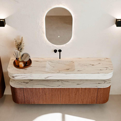 MONDIAZ THOR-DLUX Meuble de salle de bains - 180cm - arrondi gauche + droite - couleur Ruby - 2 tiroirs et 2 portes - Vasque suspendue CLOUD Milieu sans trou de robinet - couleur Nata