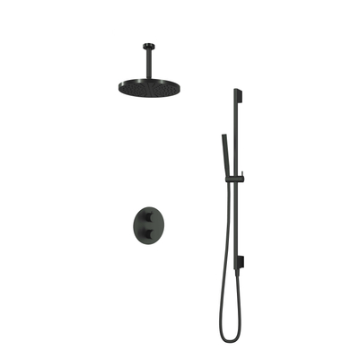 Hotbath Cobber ibs20a kit de douche thermostatique avec inverseur 2 voies avec douchette à main avec bras plafonnier 15cm avec douchette de tête ronde 30cm avec barre coulissante 90cm avec échappement intégré noir mat