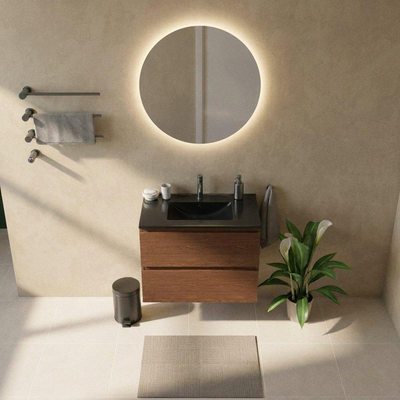 Saniclass Holz Pure Ensemble meuble de salle de bains - 80x45x62cm - Vasque Vygo en céramique noire - 1 vasque - 1 trou de robinet - 2 tiroirs - walnut pure mat (bois)