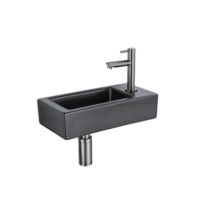 FugaFlow Efficiente Pietra Ensemble de fontaine - 37,5x18,5x9cm - céramique - trou de robinet à droite - robinet de fontaine gunmetal - bouchon de vidange - siphon abaissé - Noir mat