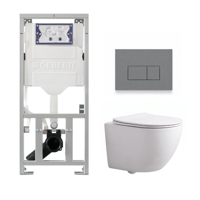 Pack WC QeramiQ Dely Swirl Compact - réservoir encastrable Geberit UP320 - avec bâti-support Burda - abattant slim - plaque de commande en plastique gris clair - boutons rectangulaires - blanc brillant