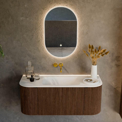 MONDIAZ KURVE 110cm badmeubel met module 25 Len R kleur Walnut met 1 lade en 2 deuren. Wastafel CLOUD midden zonder kraangat Talc.