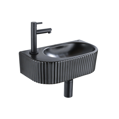 QeramiQ Fuente Fonteinset - 40x21.5x12cm - links - geribbeld - halfrond - 1 kraangat - keramiek - fonteinkraan zwart mat - afvoerplug - verlaagd sifon - zwart mat