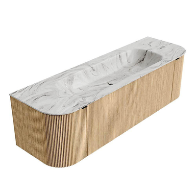 MONDIAZ KURVE-DLUX meuble de salle de bains 150cm avec module 25 Len R couleur Chêne avec 1 tiroir et 2 portes. Vasque BIG MEDIUM centrée sans trou de robinet couleur Glace.