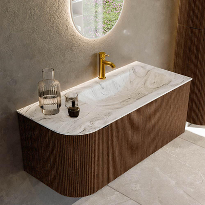 MONDIAZ KURVE-DLUX 105cm badmeubel met module 25 L kleur Walnut met 1 lade en 1 deur. Wastafel BIG SMALL rechts 1 kraangat kleur Glace.