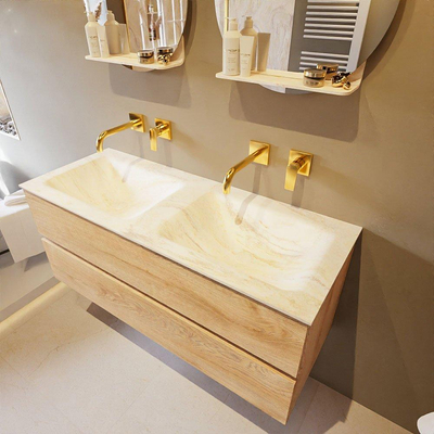 Mondiaz VICA-DLUX ensemble de meuble de salle de bain - 120cm - meuble sous-vasque chêne blanchi - 2 tiroirs - lavabo encastré cloud double - sans trous de robinet - miroir modèle spot - version XL 60cm de haut - ostra