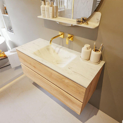 Mondiaz VICA-DLUX Ensemble de meuble de salle de bain - 110cm - meuble sous-vasque chêne blanchi - 2 tiroirs - lavabo encastré nuage milieu - sans trous de robinet - version haute 60cm - opalo