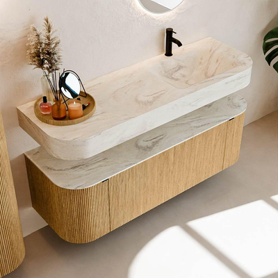 MONDIAZ THOR-DLUX 140cm badmeubel ronding links + rechts kleur Oak met 1 lade en 2 deuren. Vrijhangende wastafel CLOUD Rechts 1 kraangat kleur Ostra.