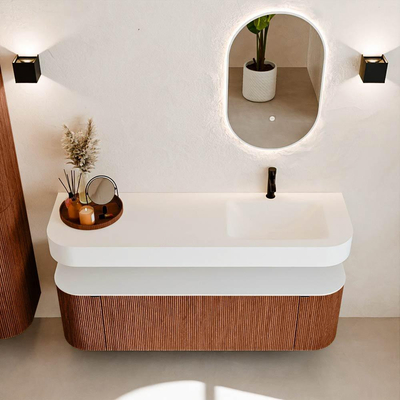 MONDIAZ THOR Meuble de salle de bains 150cm arrondi gauche + droite couleur Ruby avec 1 tiroir et 2 portes. Vasque suspendue CLOUD Droite 1 trou de robinet couleur Talc.