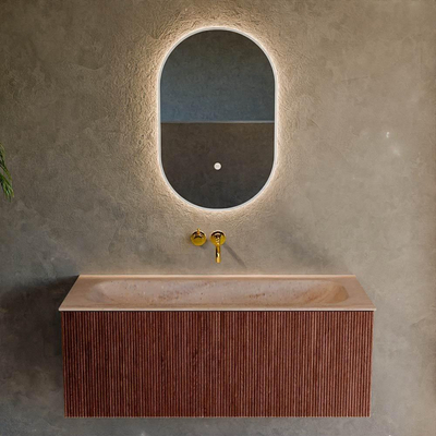MONDIAZ KURVE-DLUX Meuble de salle de bains 110cm couleur Ruby avec 1 tiroir et 0 porte. Lavabo BIG MEDIUM Centre sans trou de robinet Saba.