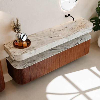 MONDIAZ THOR-DLUX Meuble de salle de bains 190cm arrondi gauche + droite couleur Ruby avec 2 tiroirs et 2 portes. Vasque suspendue CLOUD Droite sans trou de robinet couleur Glace.